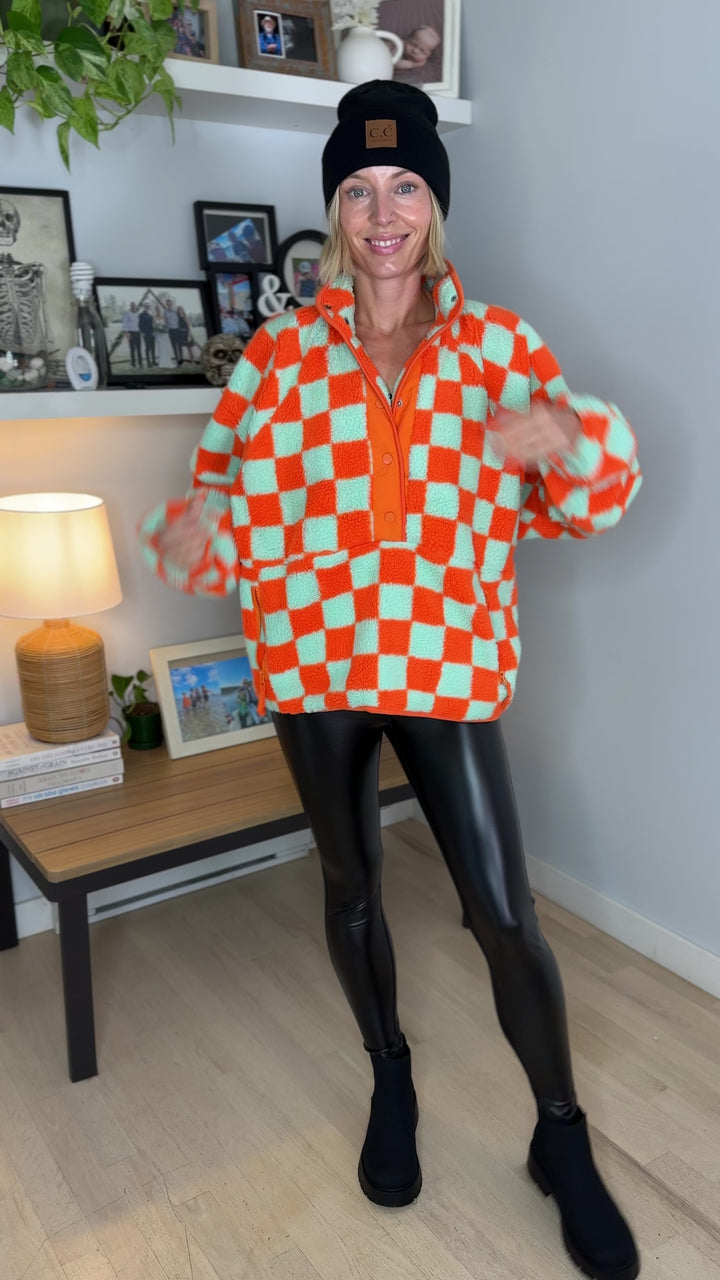 Martha Checkered Fleece 1/2 Snap Pullover- ORANGE/LIGHT BLUE