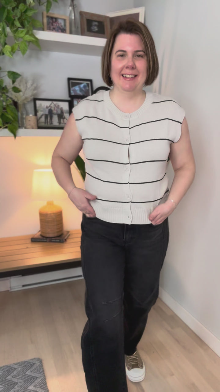 Hattie Round Neck Sleeveless Button Front Sweater Top- GREY/BLACK STRIPE