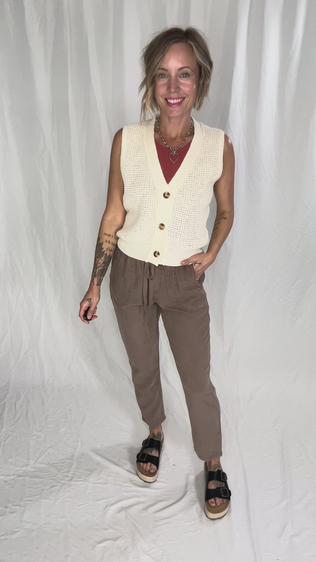 Suzy Chunky Waffle Knit Sweater Vest With Buttons- CREAM