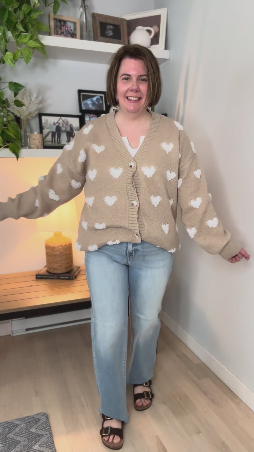 Bellena Heart Pattern Sweater Cardigan- TAUPE