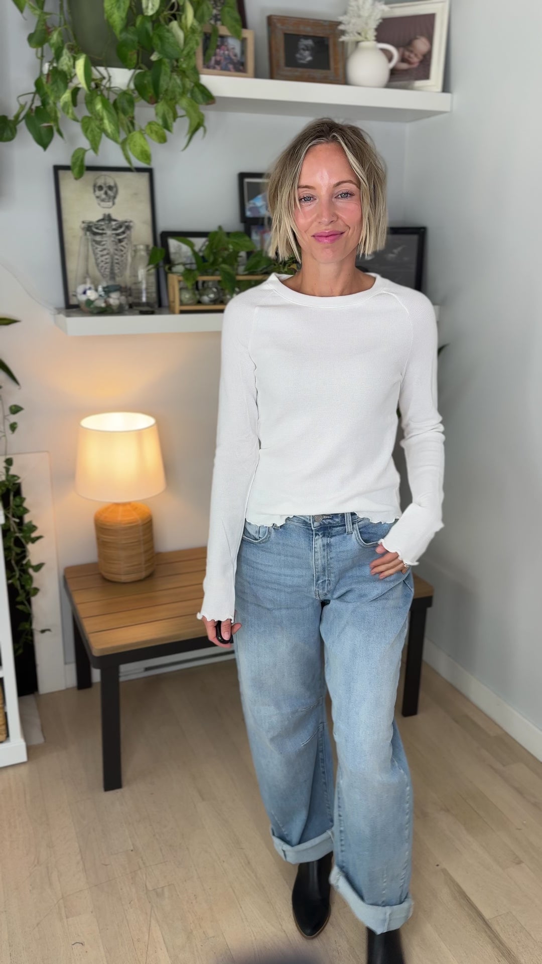 Harrison Thermal Knit Lettuce Edge Long Sleeve- WHITE