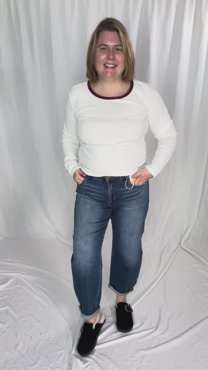 ONLY Organic Cotton Ribbed Maye Long Sleeve- WHITE/PORT