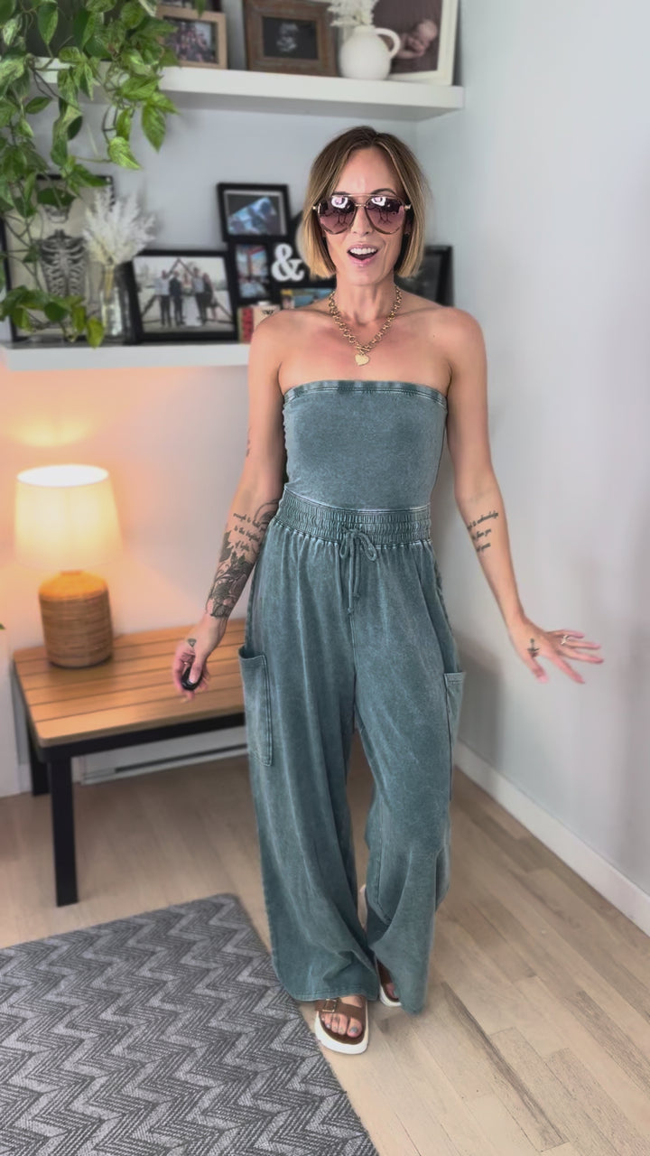 Whitney Strapless Cargo Jumpsuit- DARK TEAL