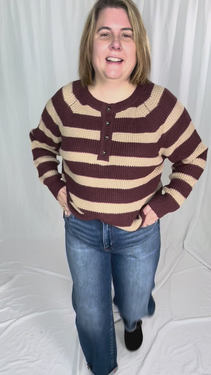 Golden Hour Waffle Henley Sweater- WINE