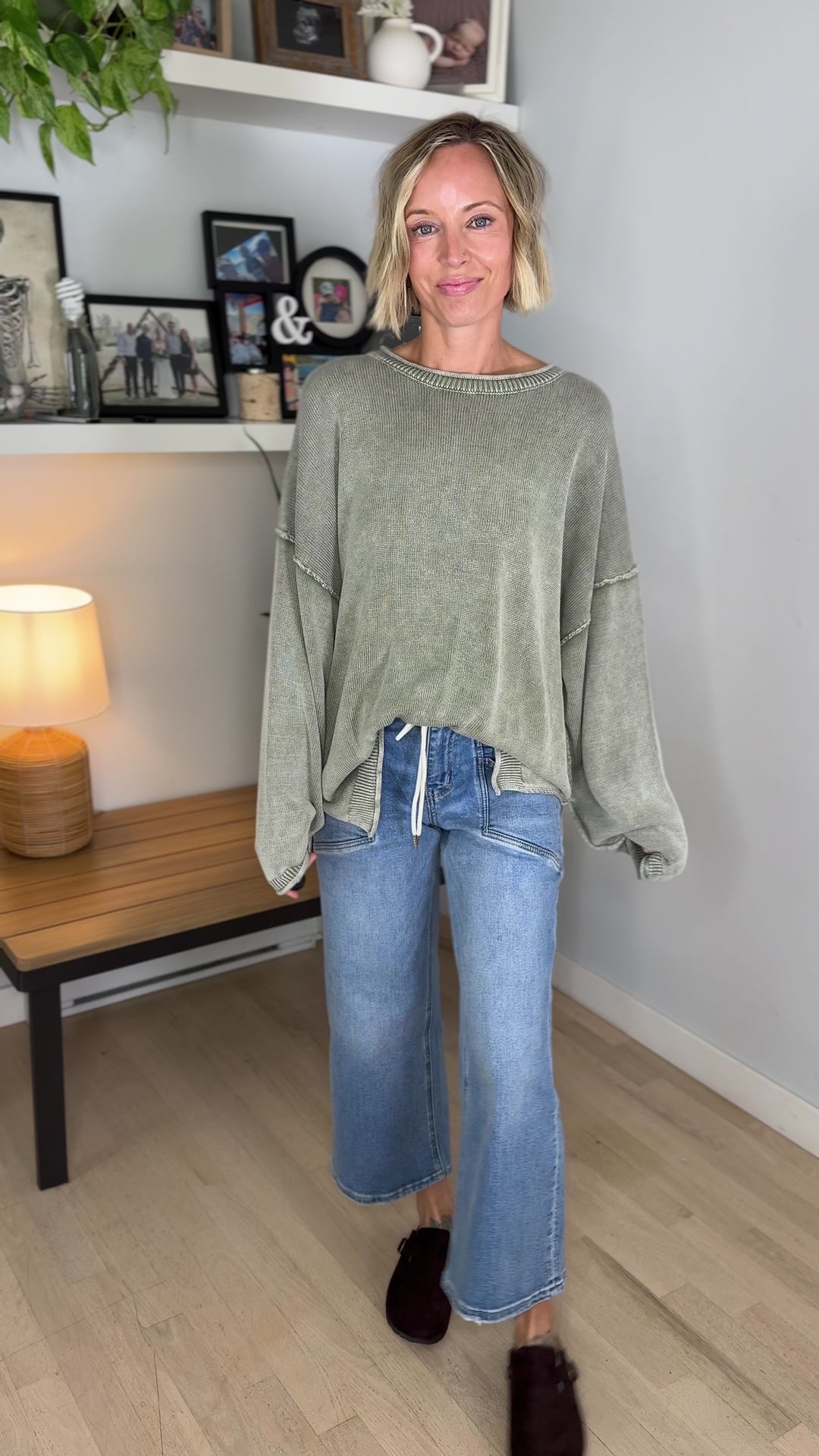 Sorel Washed Cotton Raw Edge Crewneck Sweater- LIGHT OLIVE