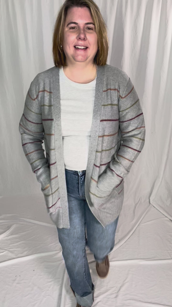 Oakes Stripe Cardigan- HTHR GREY