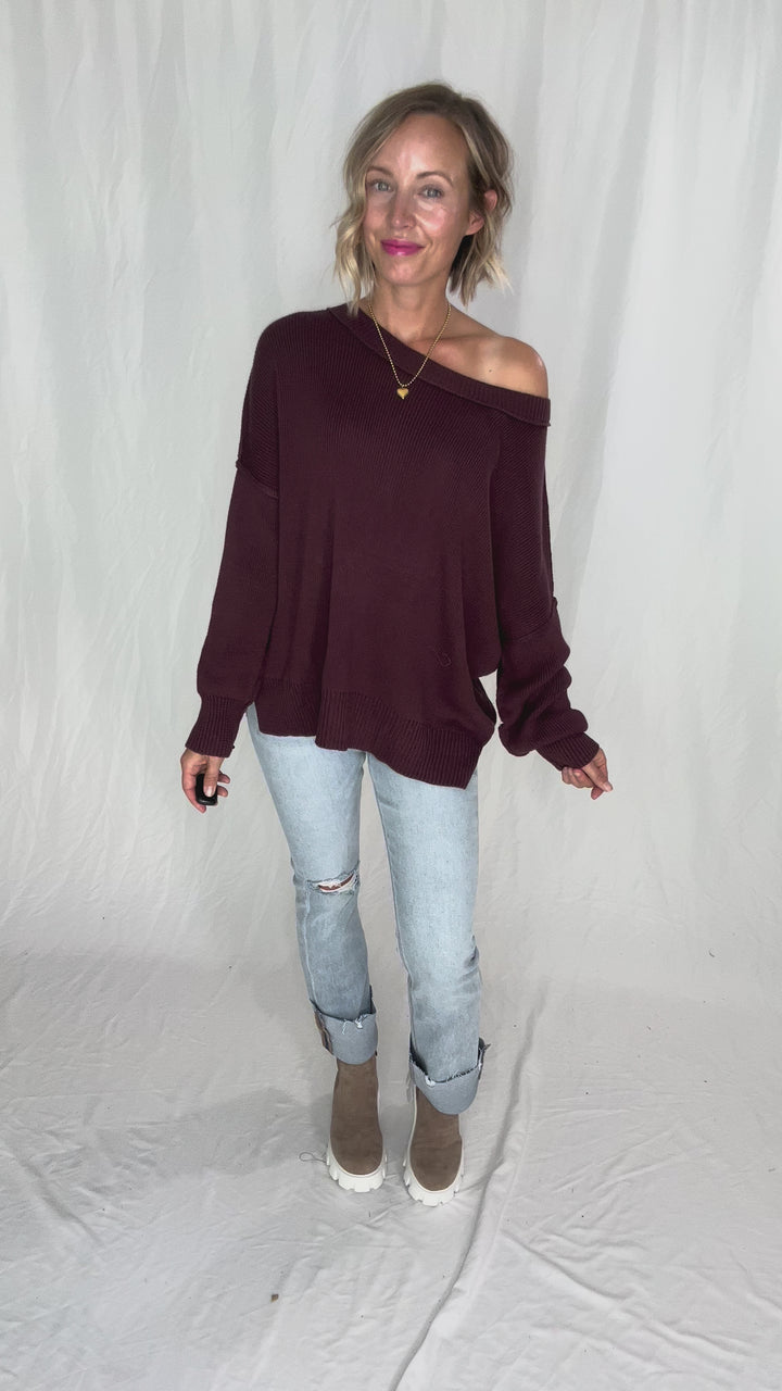 Ever Oversized Cotton Exposed Seam Sweater- PLUM