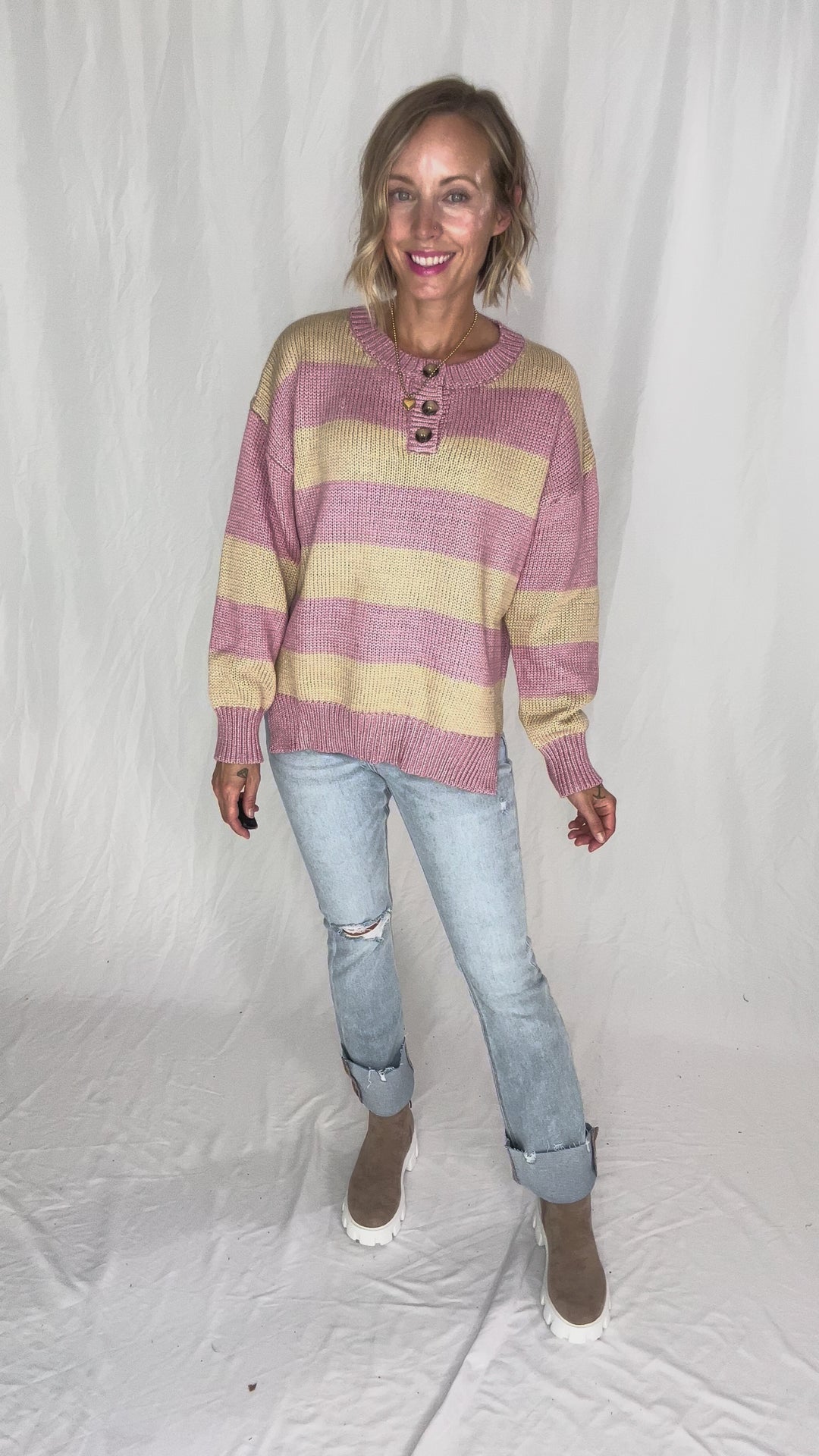Tracly Striped Button Up Knit Sweater- MAUVE/TAUPE