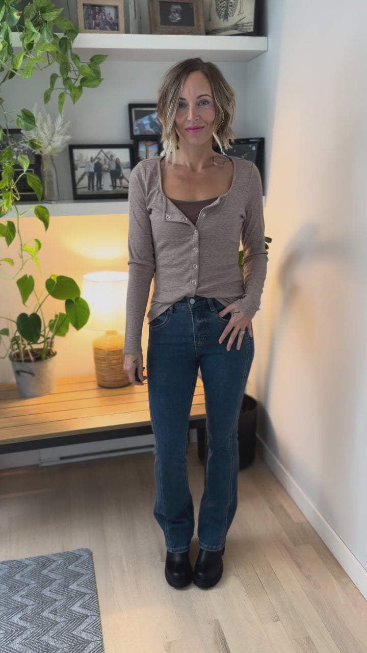 Jayda Long Sleeve Snap Button Cardigan- COCOA