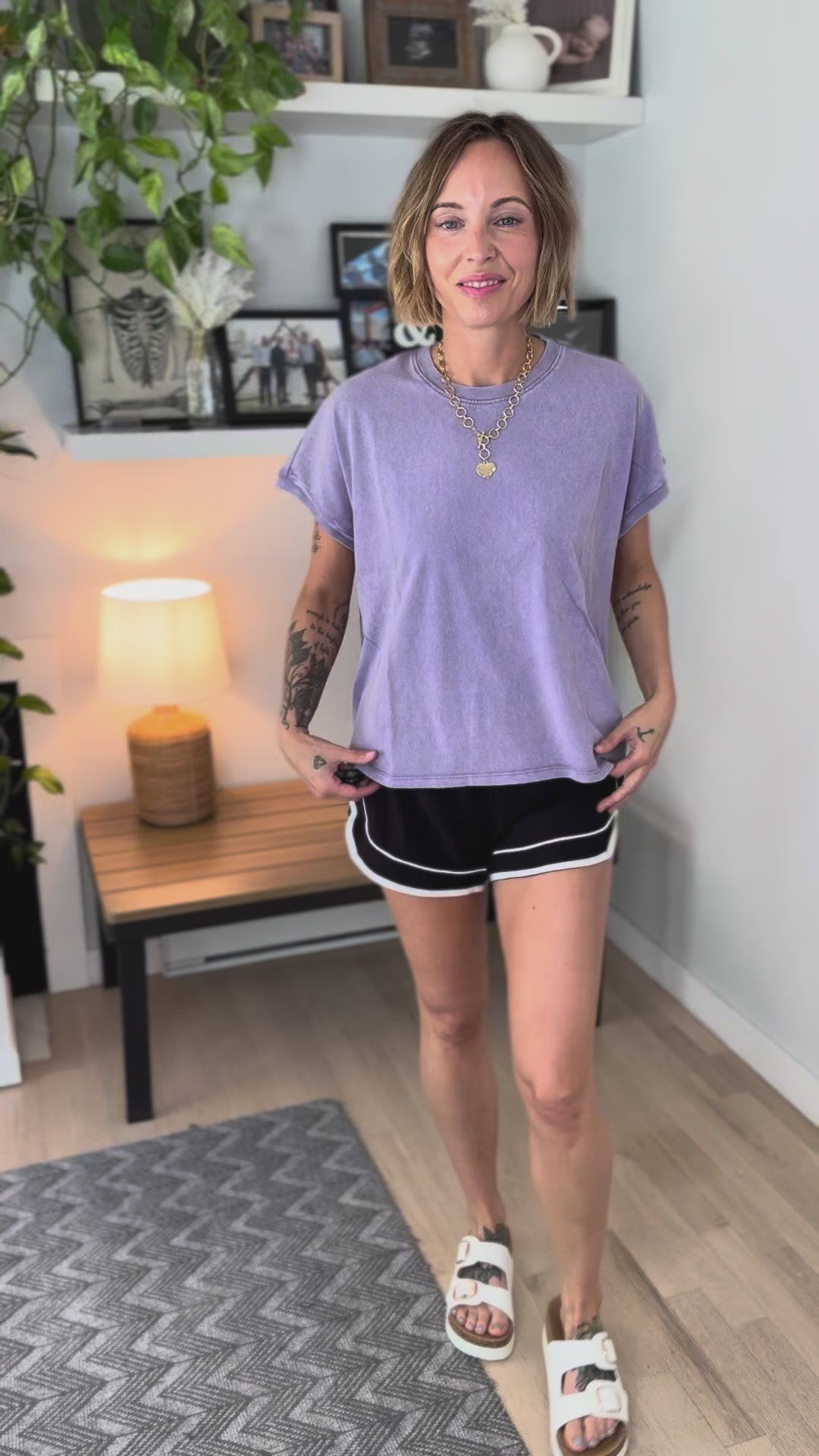 Senara Washed Cotton Cap Sleeve Tee- DUSTY PURPLE