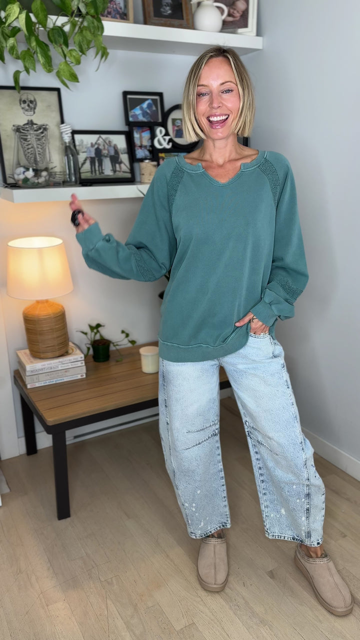 Irini Lace Accent Vintage Washed Pullover- TEAL