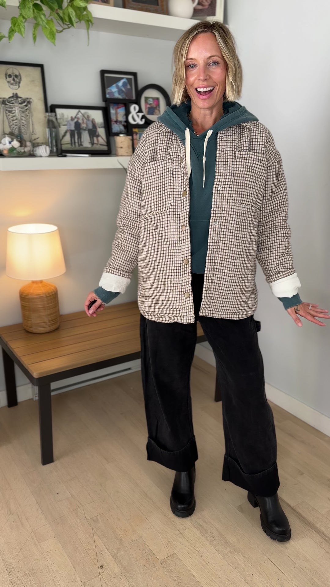 Cozywood Checker Print Puffer Shacket- NEUTRAL