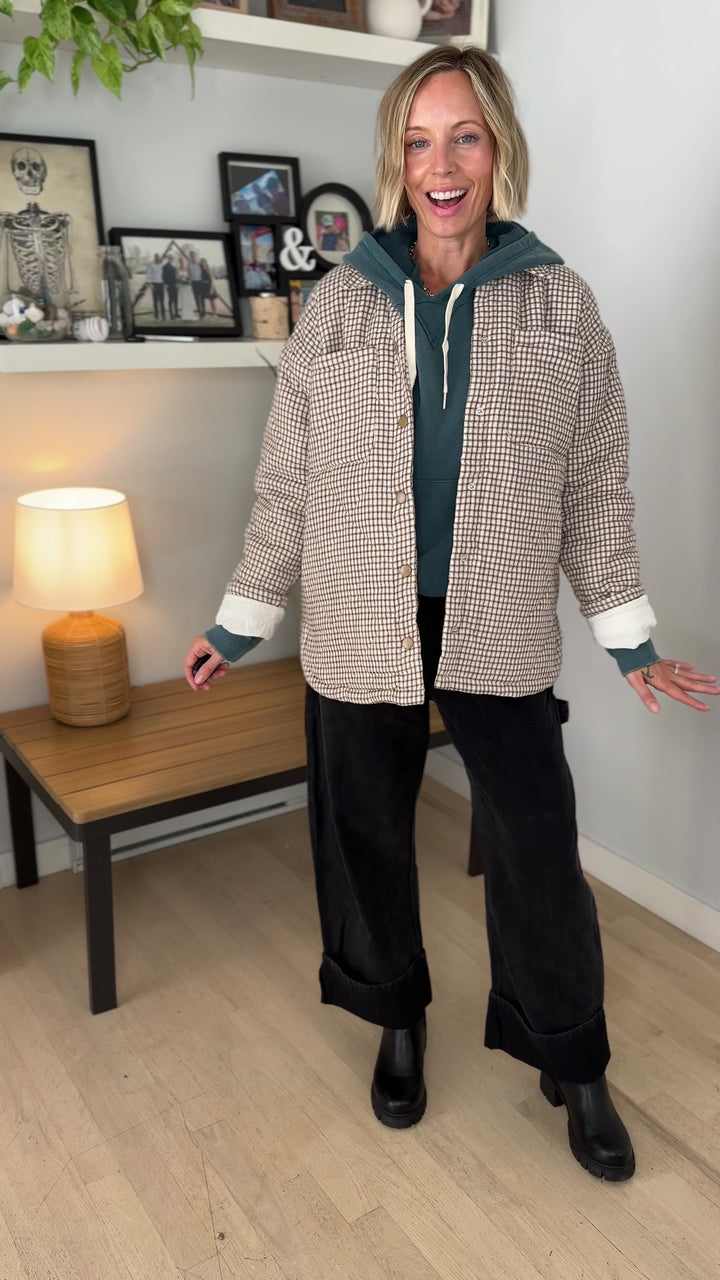 Cozywood Checker Print Puffer Shacket- NEUTRAL