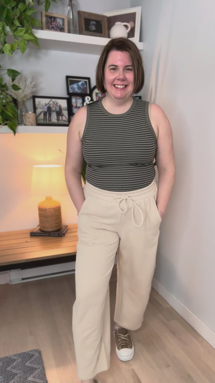 Kenna Round Neck Sleeveless Striped Bodysuit- OLIVE/NAVY STRIPE