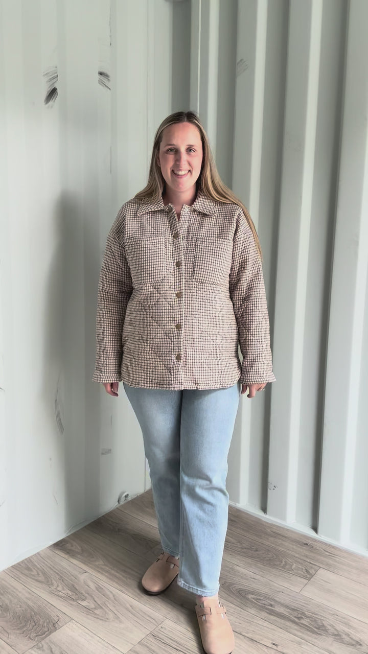 Cozywood Checker Print Puffer Shacket- NEUTRAL
