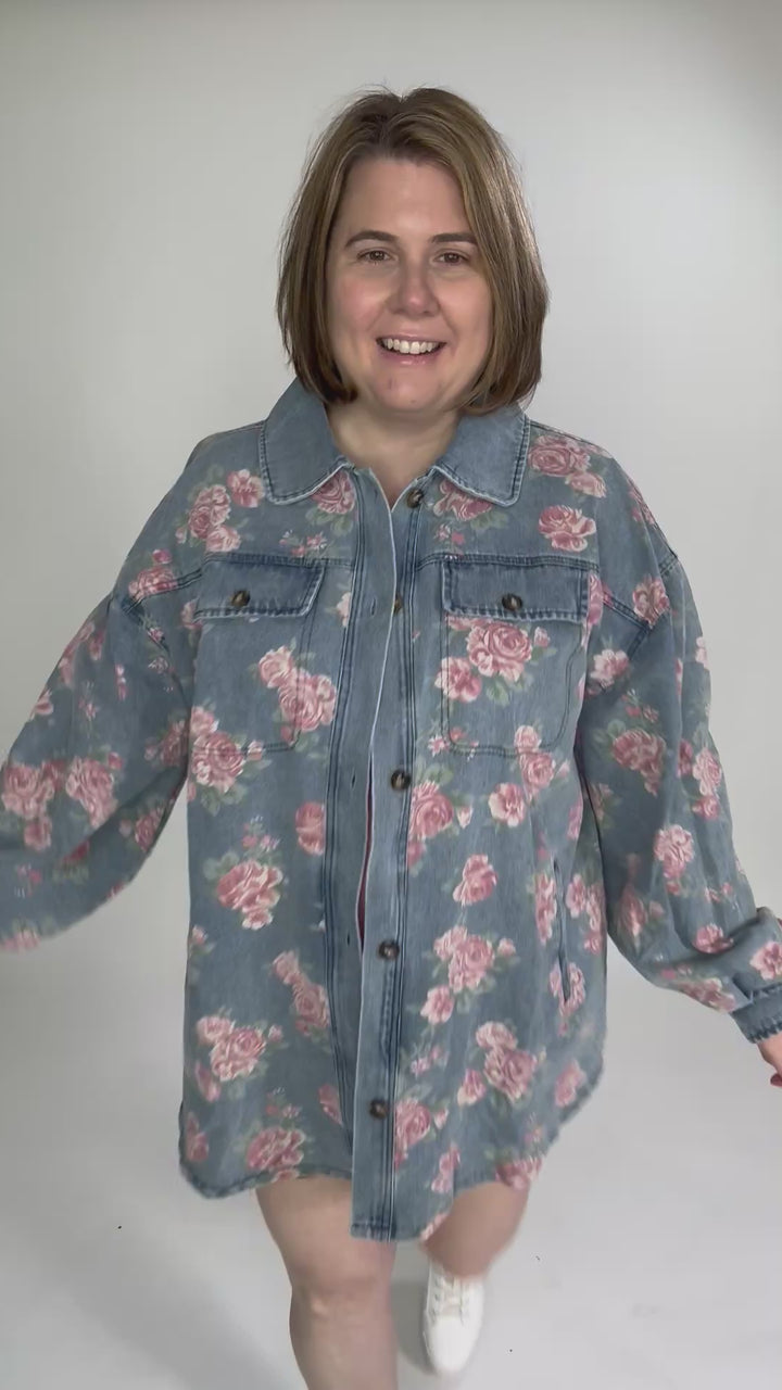 Shylah Floral Print Washed Denim Shacket- LIGHT