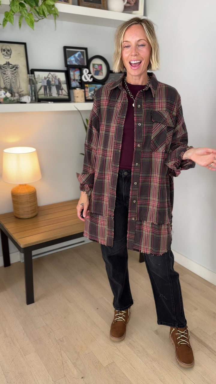 Bonfire Oversized Long Line Washed Plaid Shacket- ASH