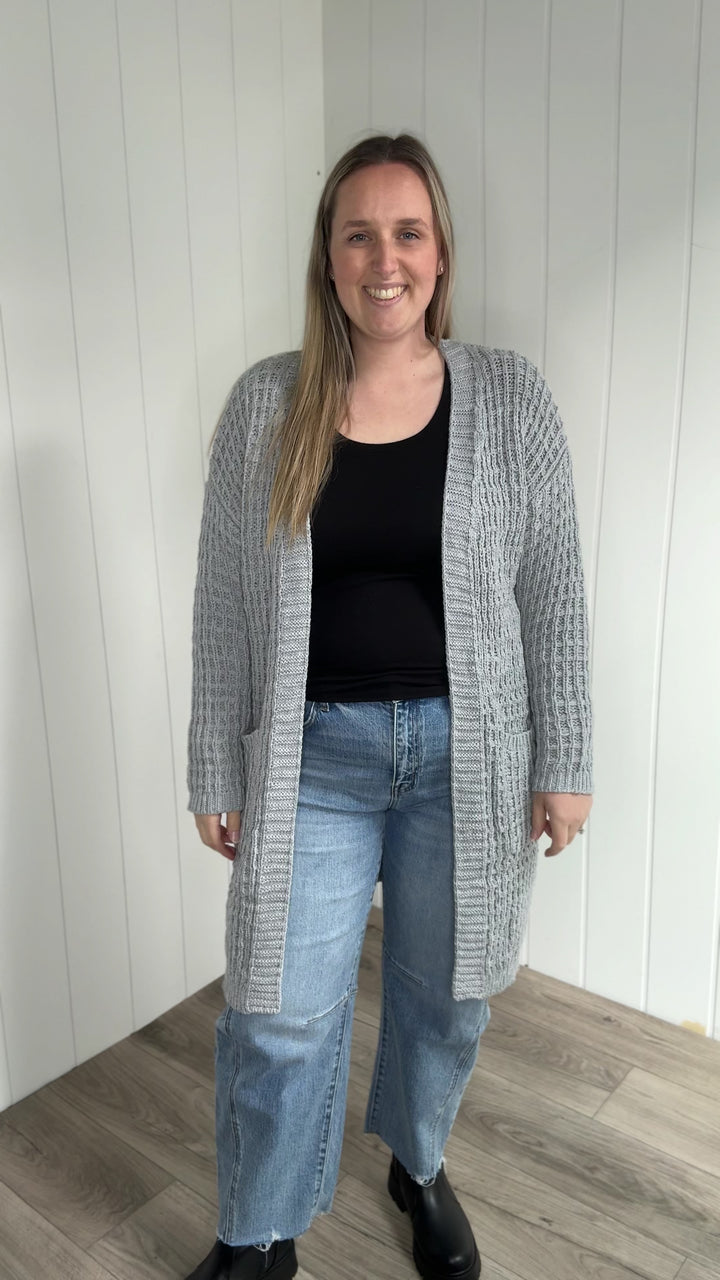 Brandi Long Waffle Knit Cardigan- HEATHER GREY