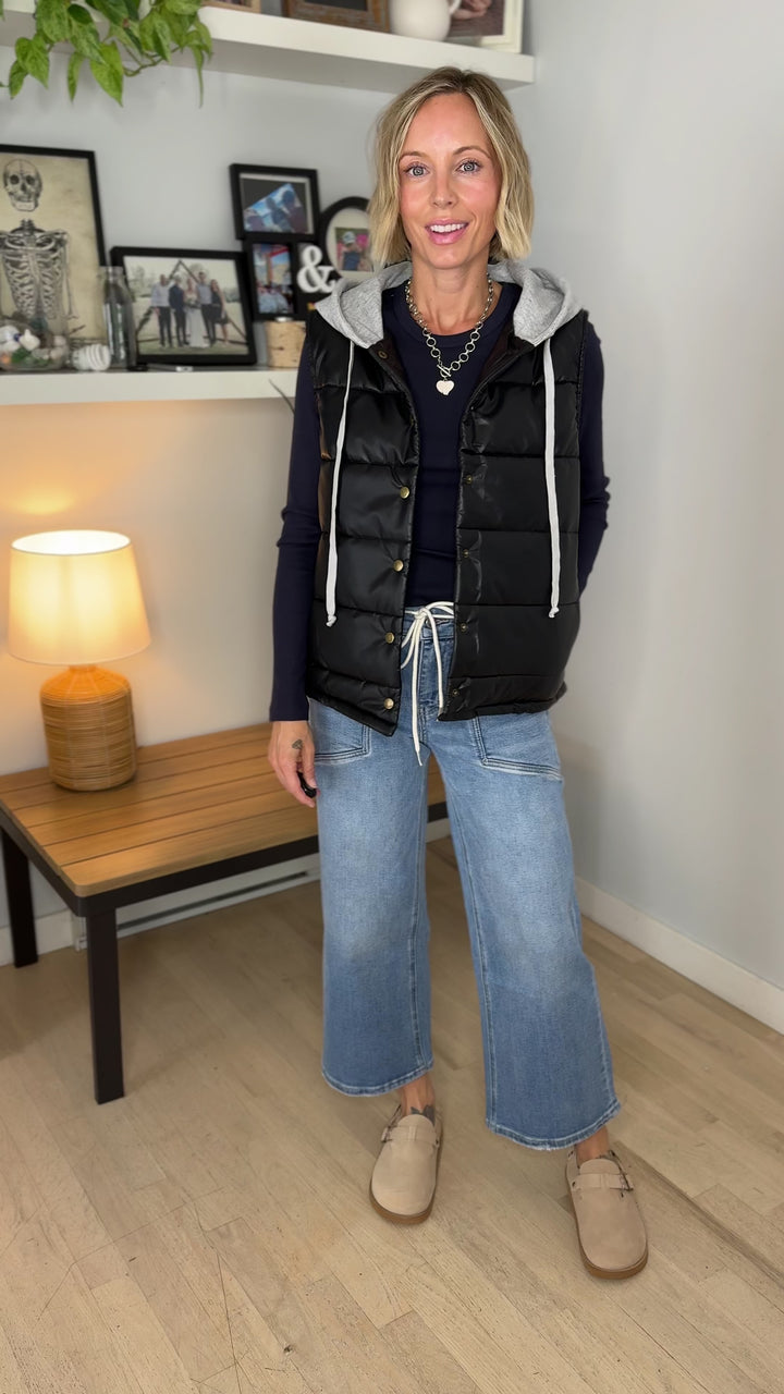 Pumpkin Patch Faux Leather Hoodie Vest- BLACK