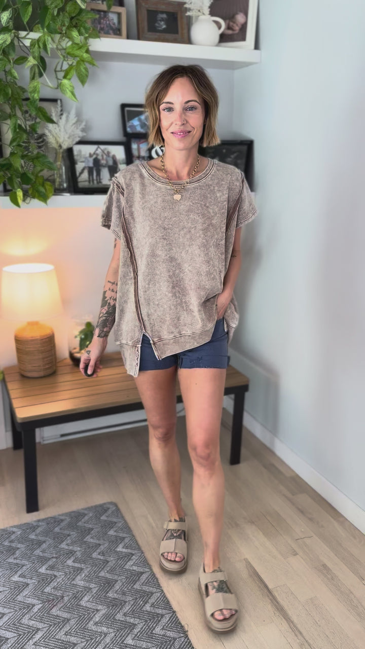 Seva Pullover Washed Top- BROWN