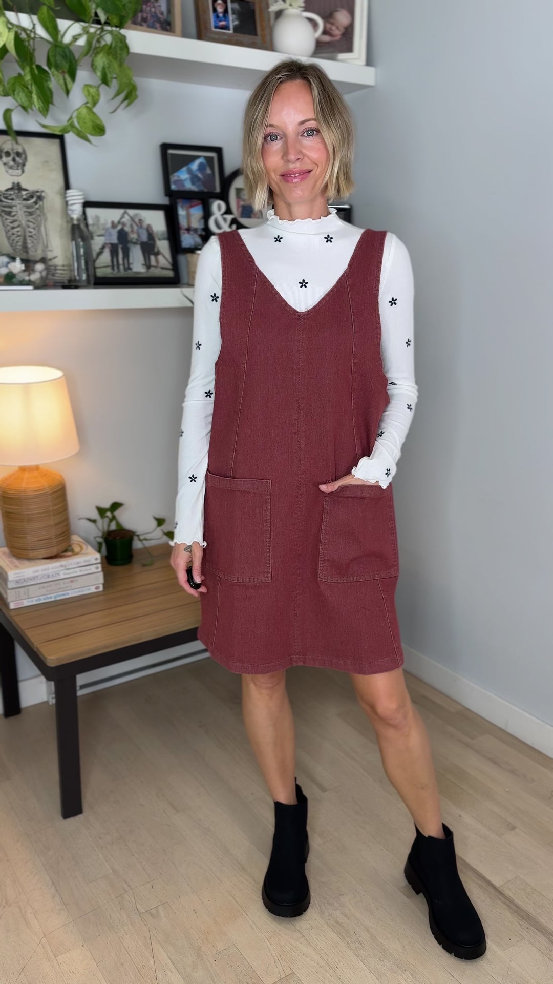 Duselle Stretch Denim Overall Mini Dress- BRICK