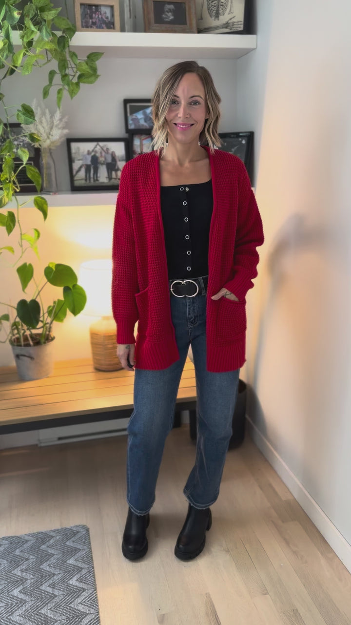 Marley Waffle Cardigan- RUBY
