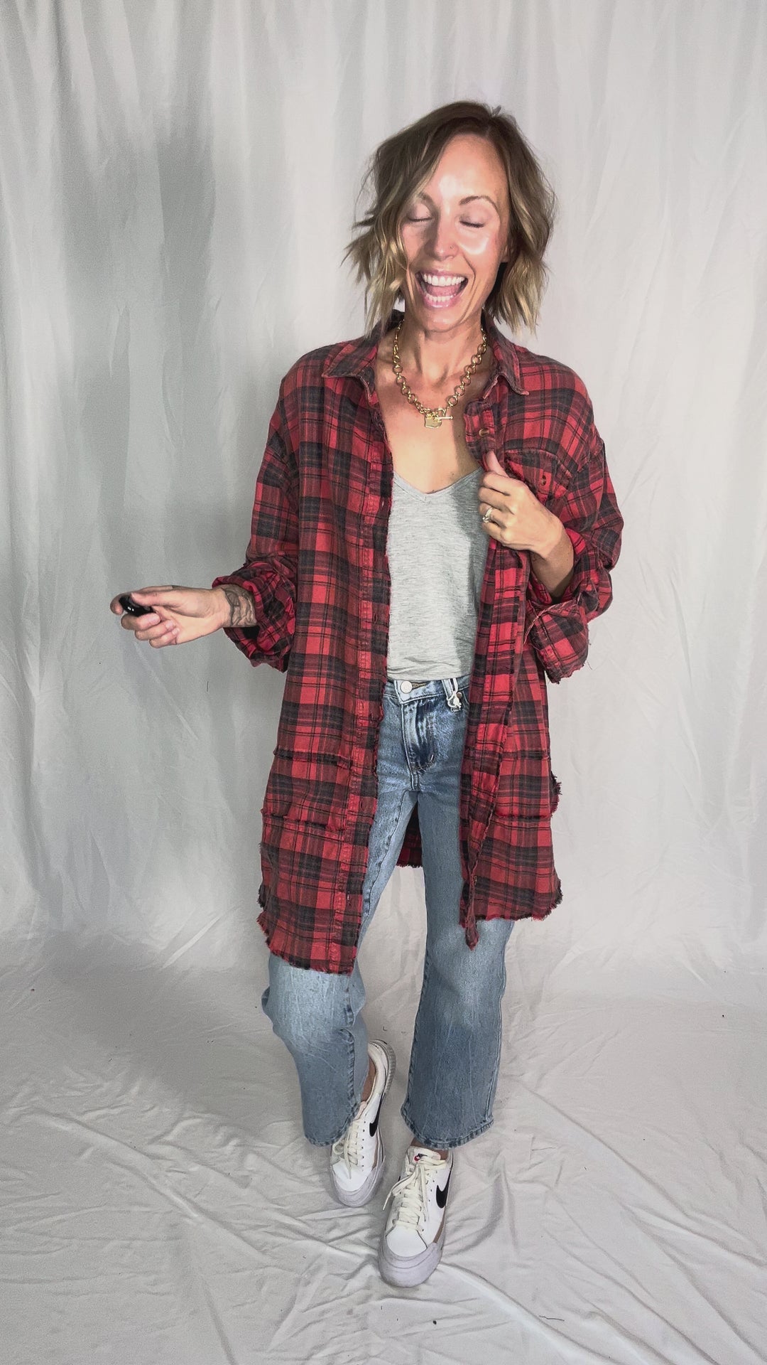 Fenton Oversized Plaid Button Shacket- FADED CORAL RED-FINAL SALE