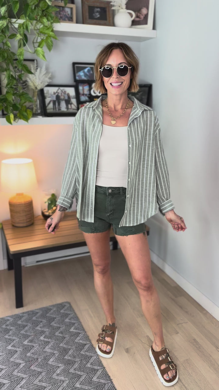 Salted Sun Linen Blend Button Down- OLIVE