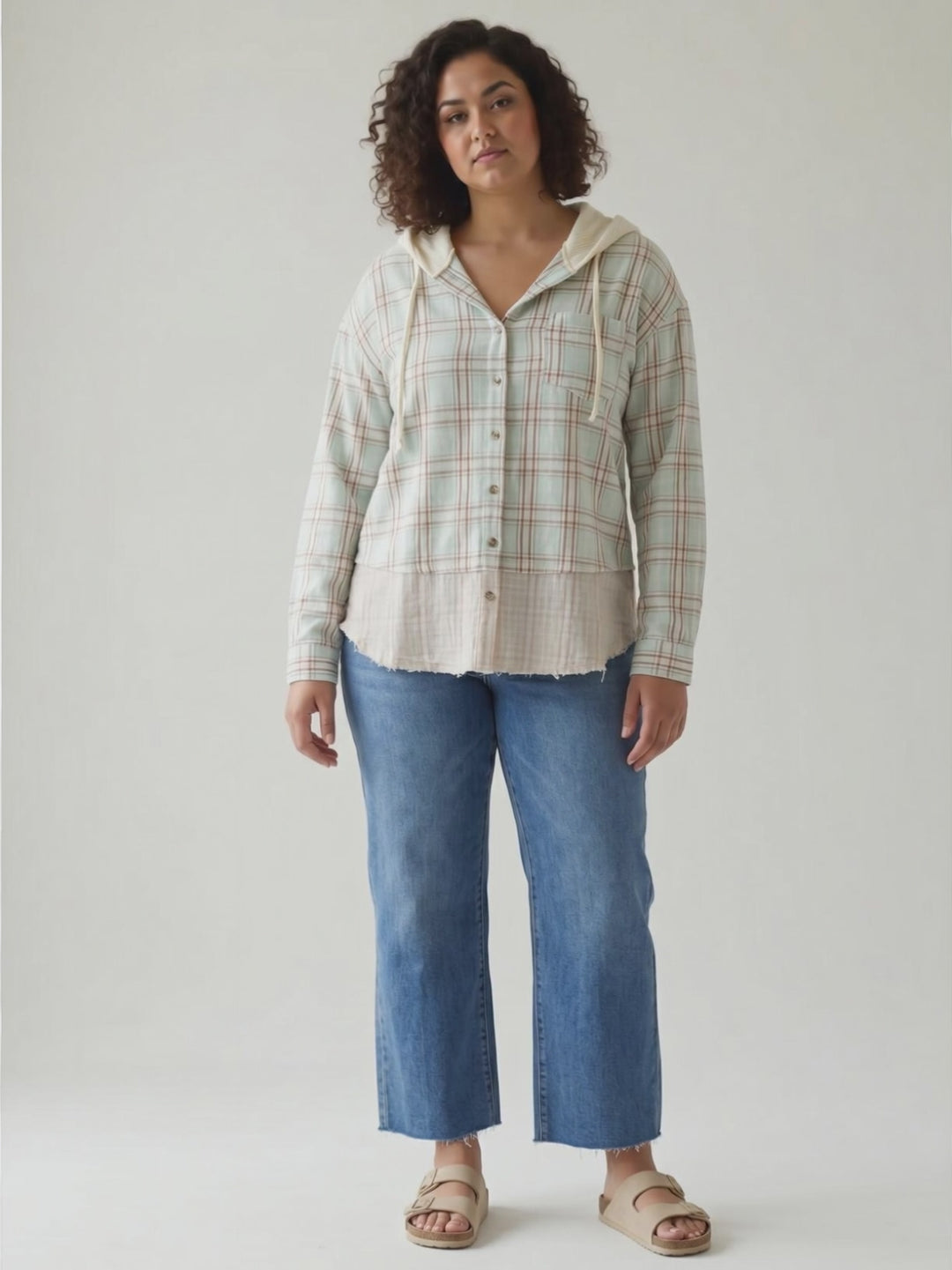 Beatrice Cotton Gauze Hooded Plaid- WASHED SEAFOAM