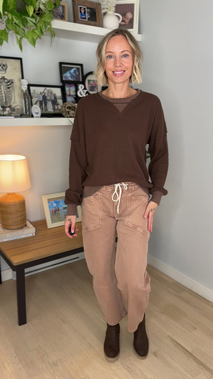 Flurry Raw Edge Long Sleeve Thermal Crew Neck- BROWN