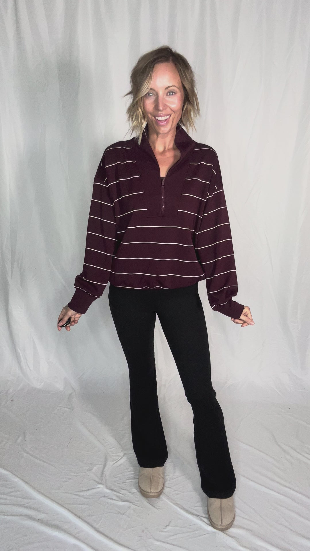 Nancy Modal 1/4 Zip Pullover- DARK CHERRY/CREAM