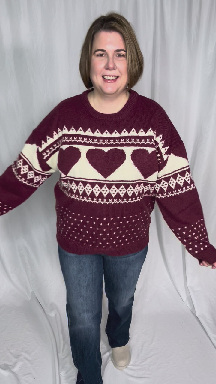 Heart Song Crew Neck Sweater- BURGUNDY/CREAM
