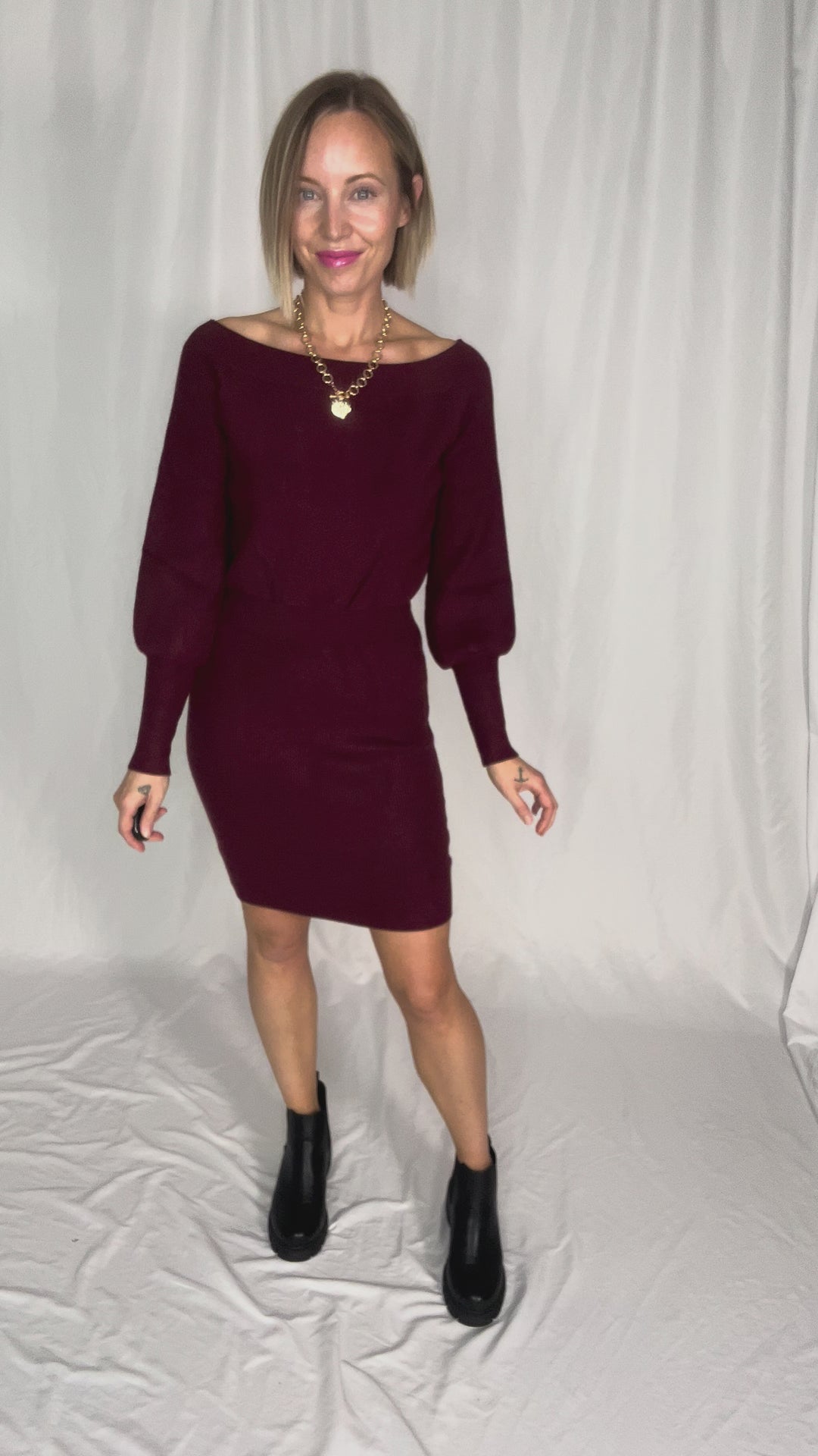 Aspen Air Ribbed Knit Sweater Dress- MAROON