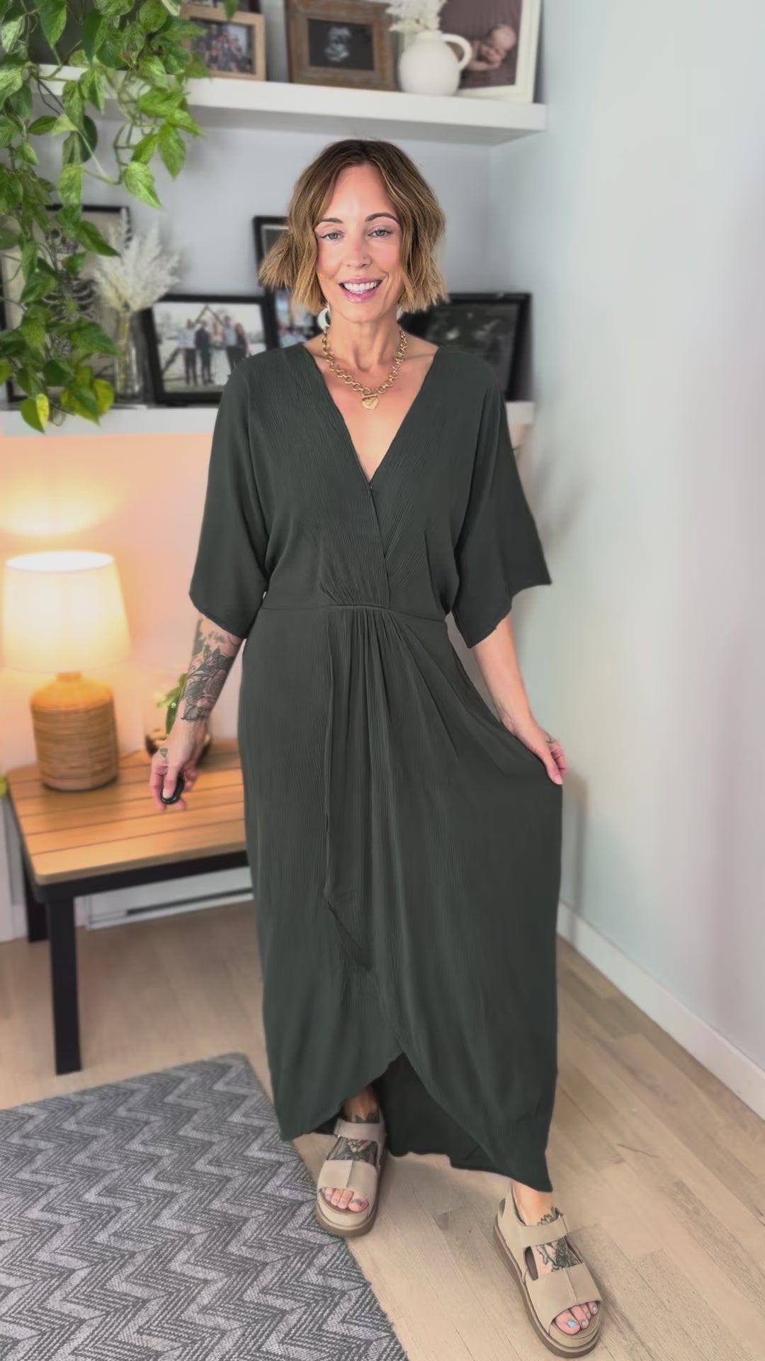Kelda Surplice Kimono Dress- MILITARY GREEN