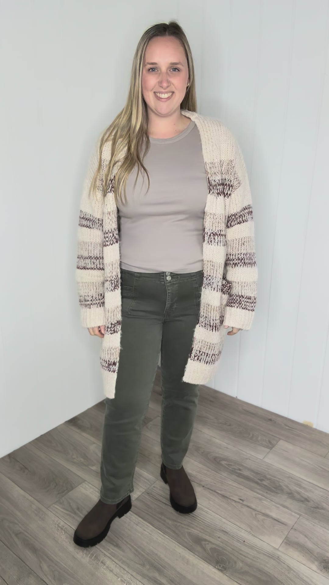 Isley Long Sleeve Striped Cardigan- OATMEAL/BROWN