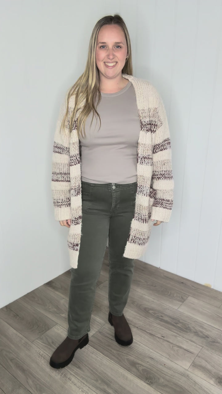 Isley Long Sleeve Striped Cardigan- OATMEAL/BROWN