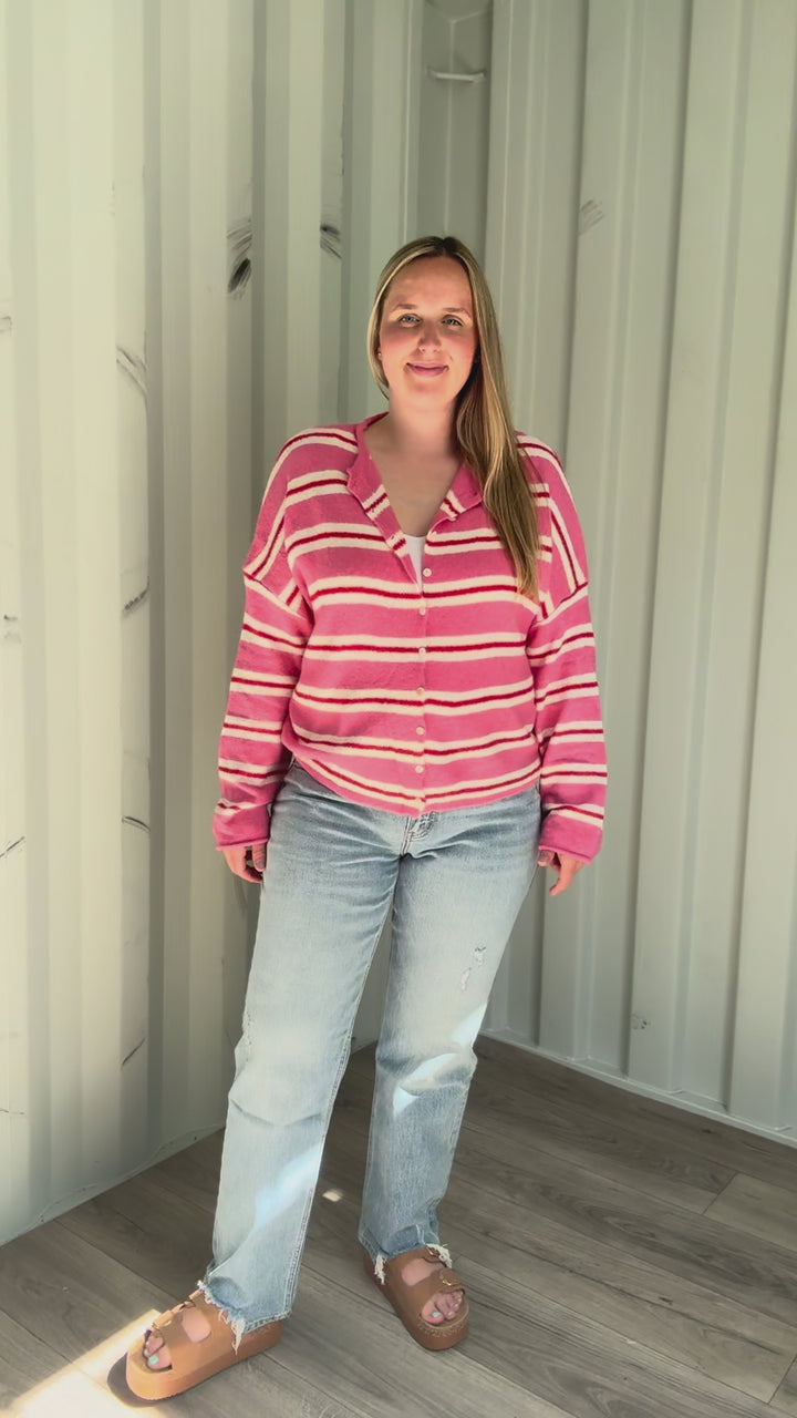 Piper Striped Varsity Cardigan- ROSE