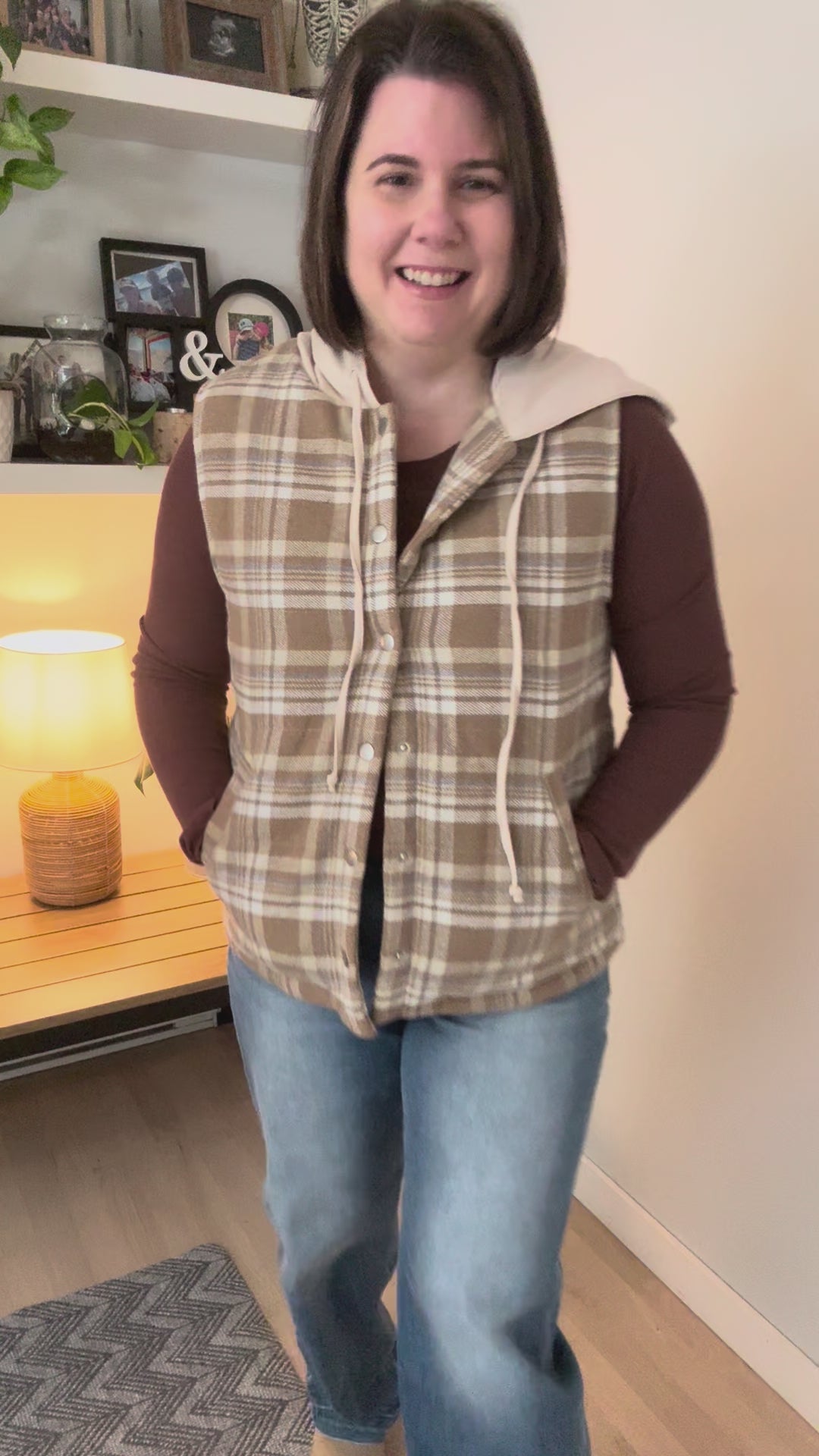 Willow Plaid Hoodie Vest- TAUPE