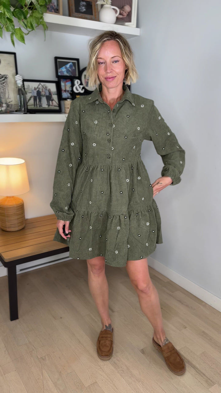 Merlot Embroidered Corduroy Dress- OLIVE
