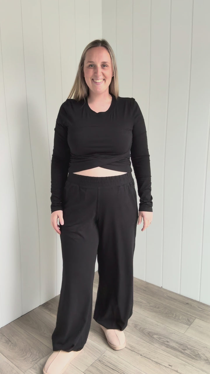 Mari Stretch Cotton Long Sleeve Crossover Set- BLACK