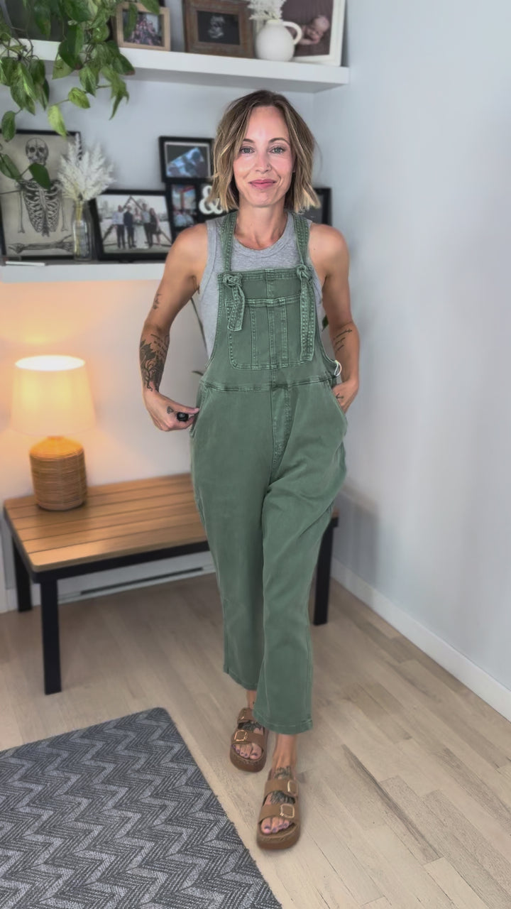 Story Washed Knot Strap Relaxed Fit Overalls- OLIVE