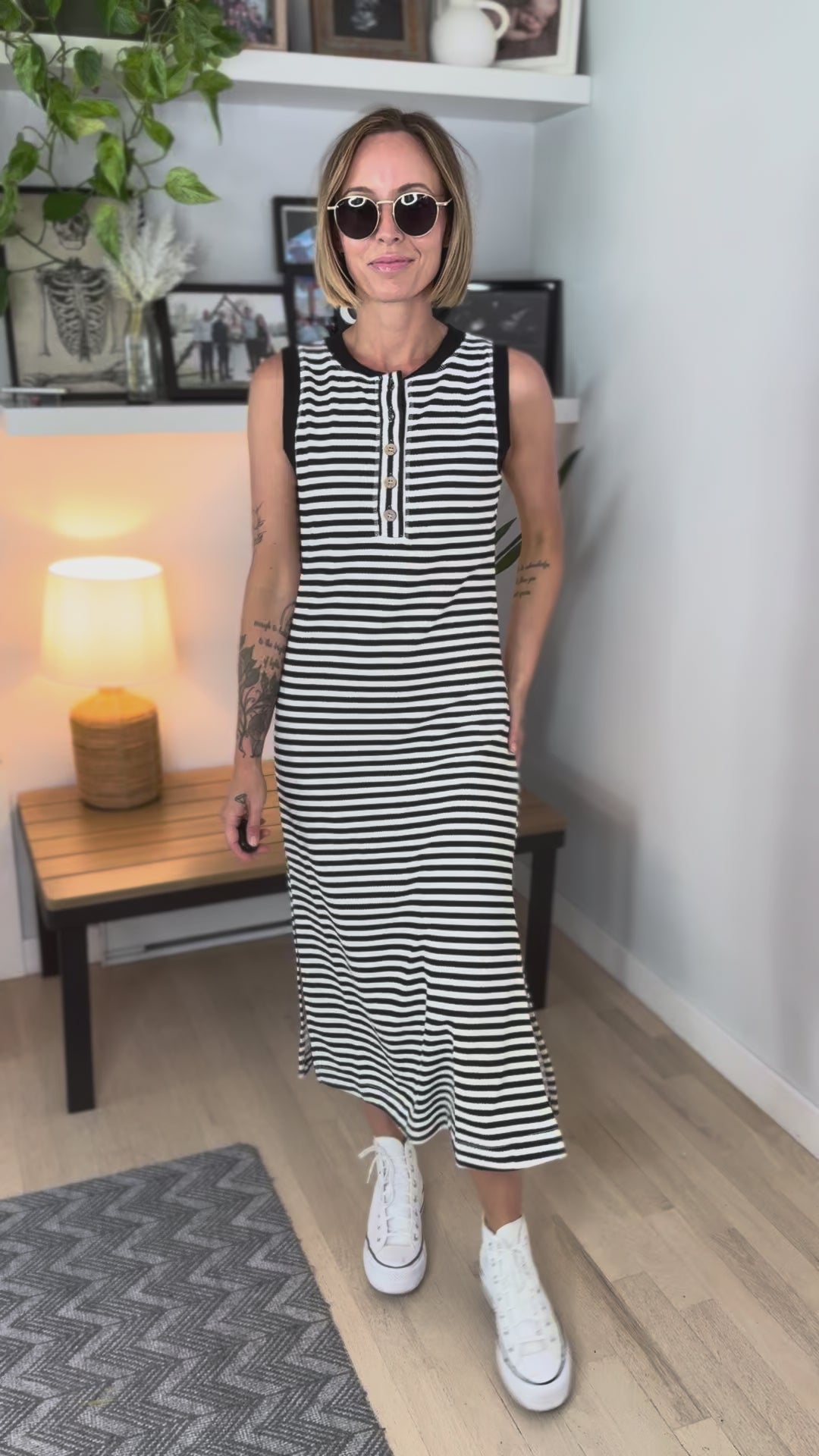 Georgie Stripe Henley Midi Dress- BLACK