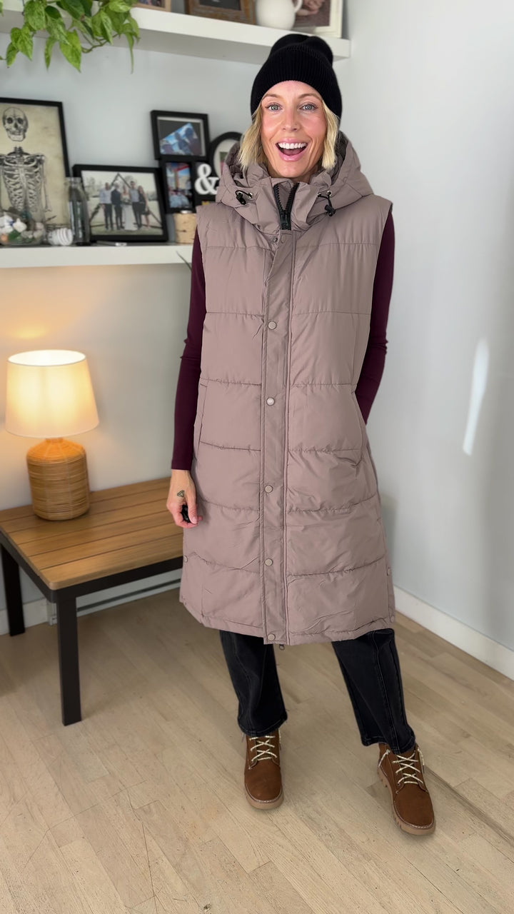 Twilight Long Line Quilted Puffer Vest- LATTE