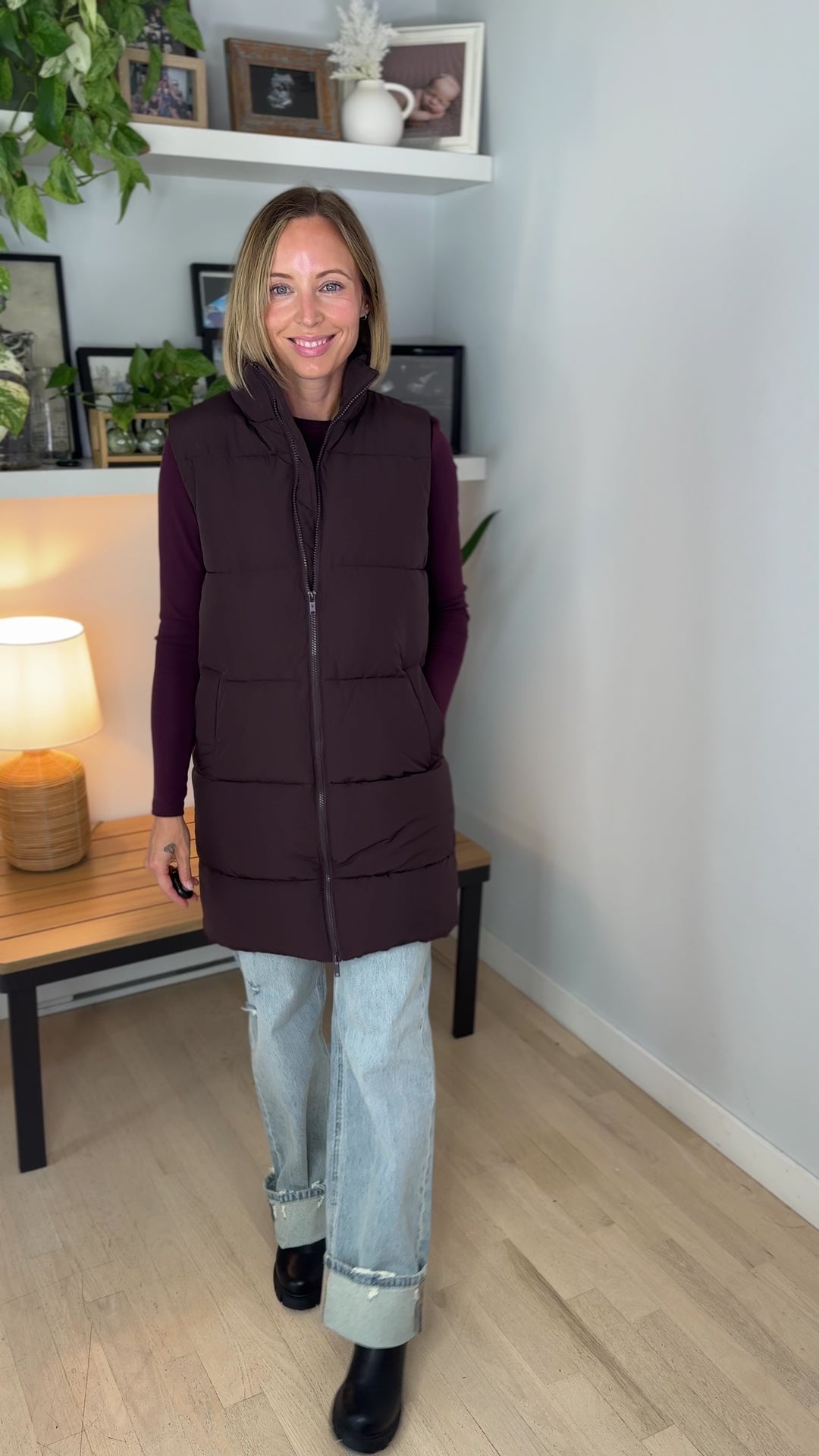 NOISY MAY Rosy Long Puffer Vest- CHOCOLATE