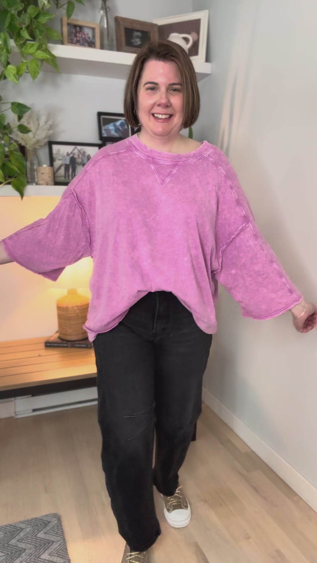 Ivy 3/4 Sleeve Washed Cotton Pullover- ORCHID