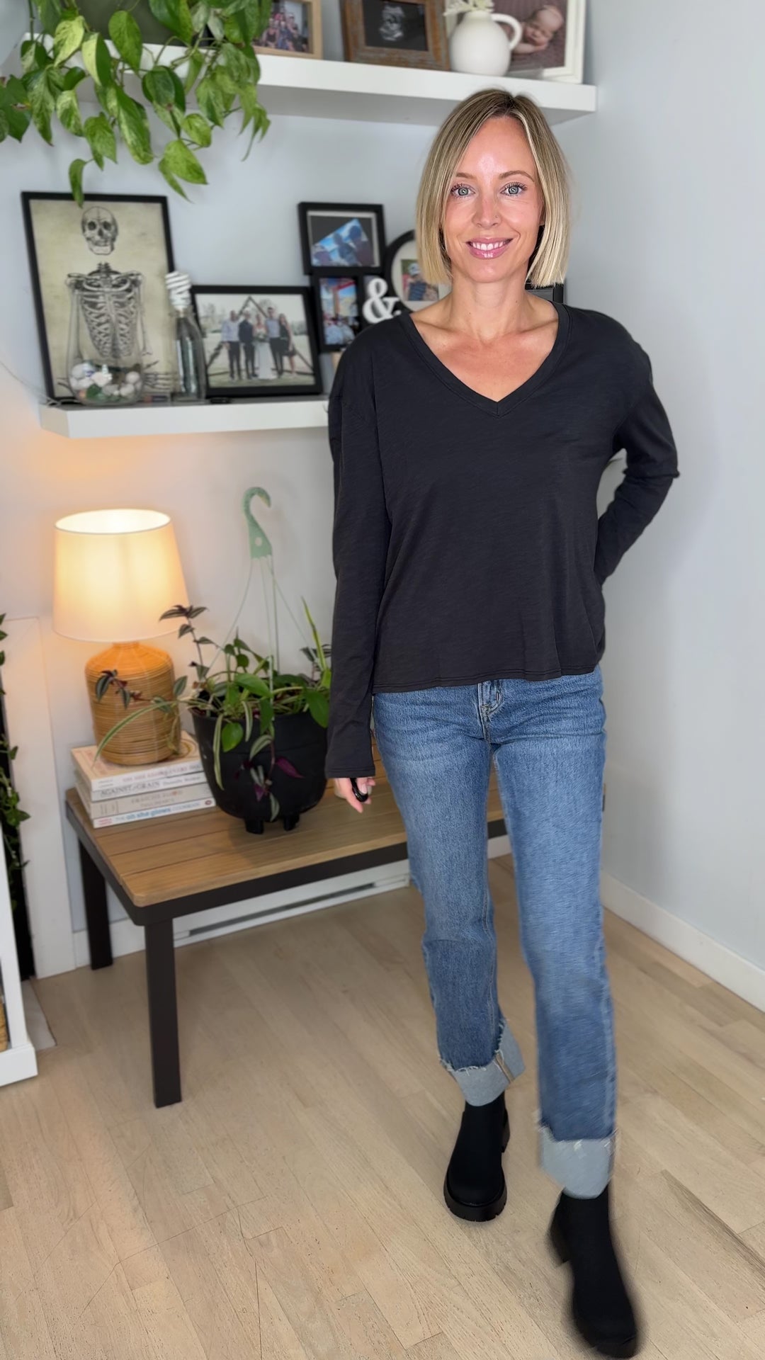 Lumiere Modal Slub V-Neck Drop Shoulder Shirt- BLACK