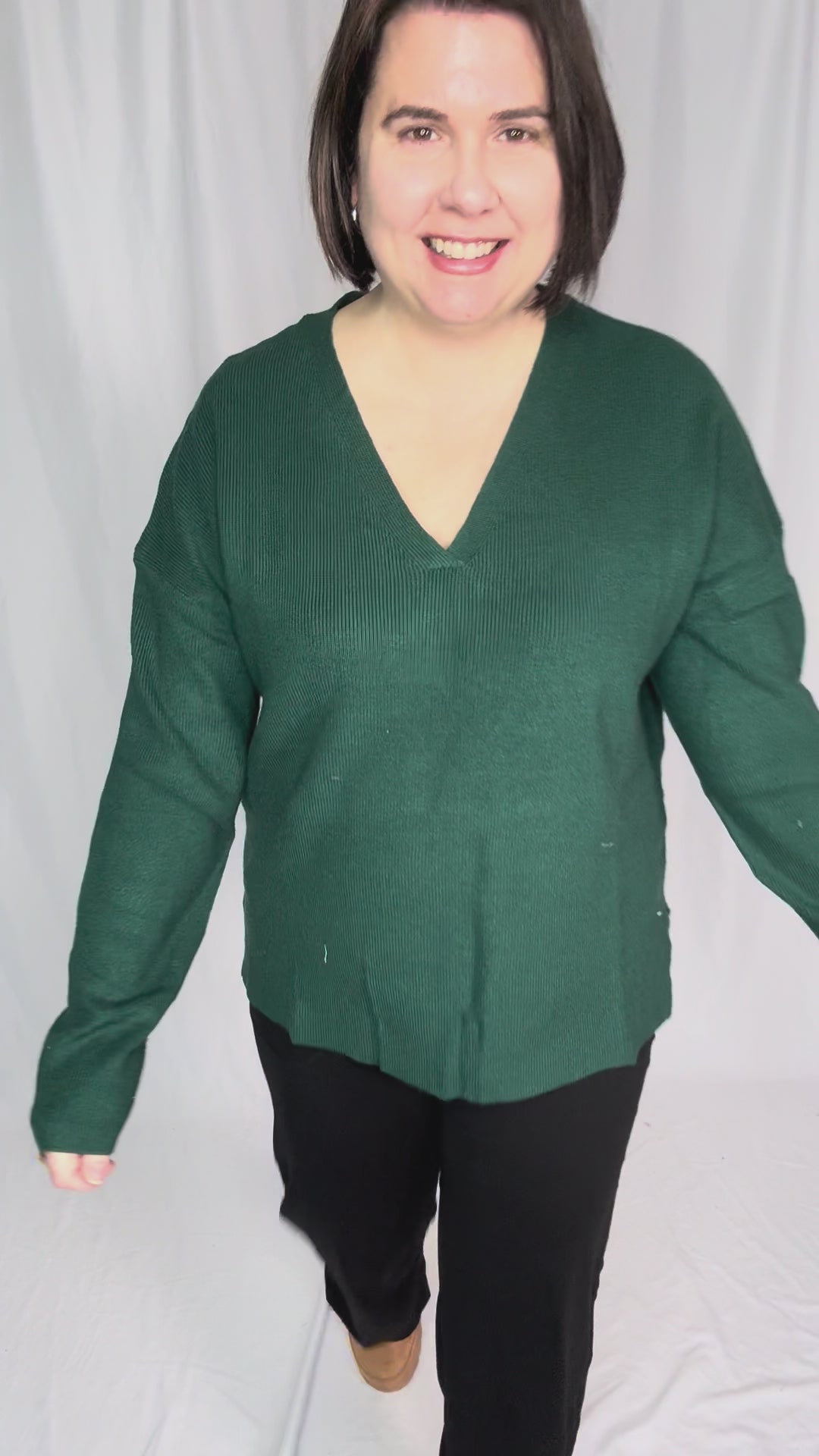 Jillian Knit V-Neck Drop Shoulder Sweater- TEAL GREEN