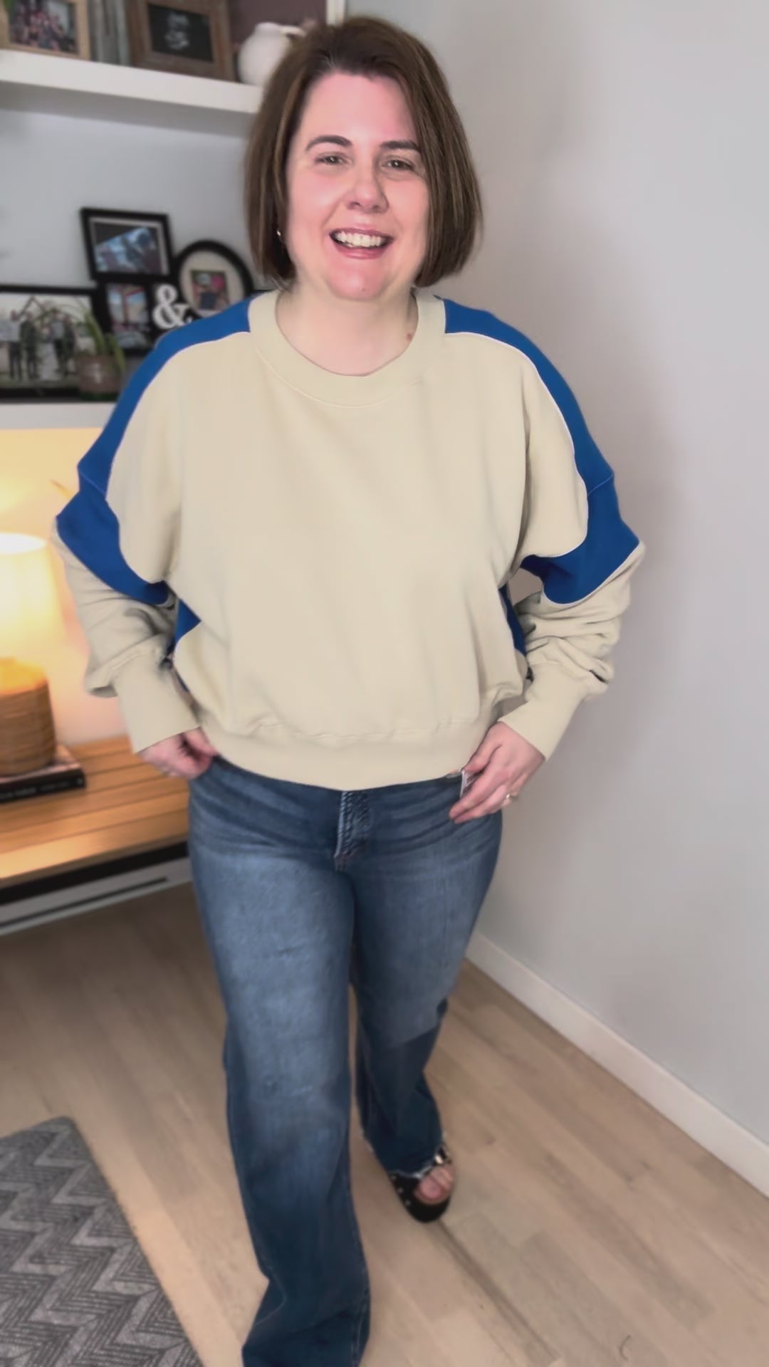 Mono B Blake Contrast Edge Cropped Sweatshirt- BONE/DEEP INDIGO