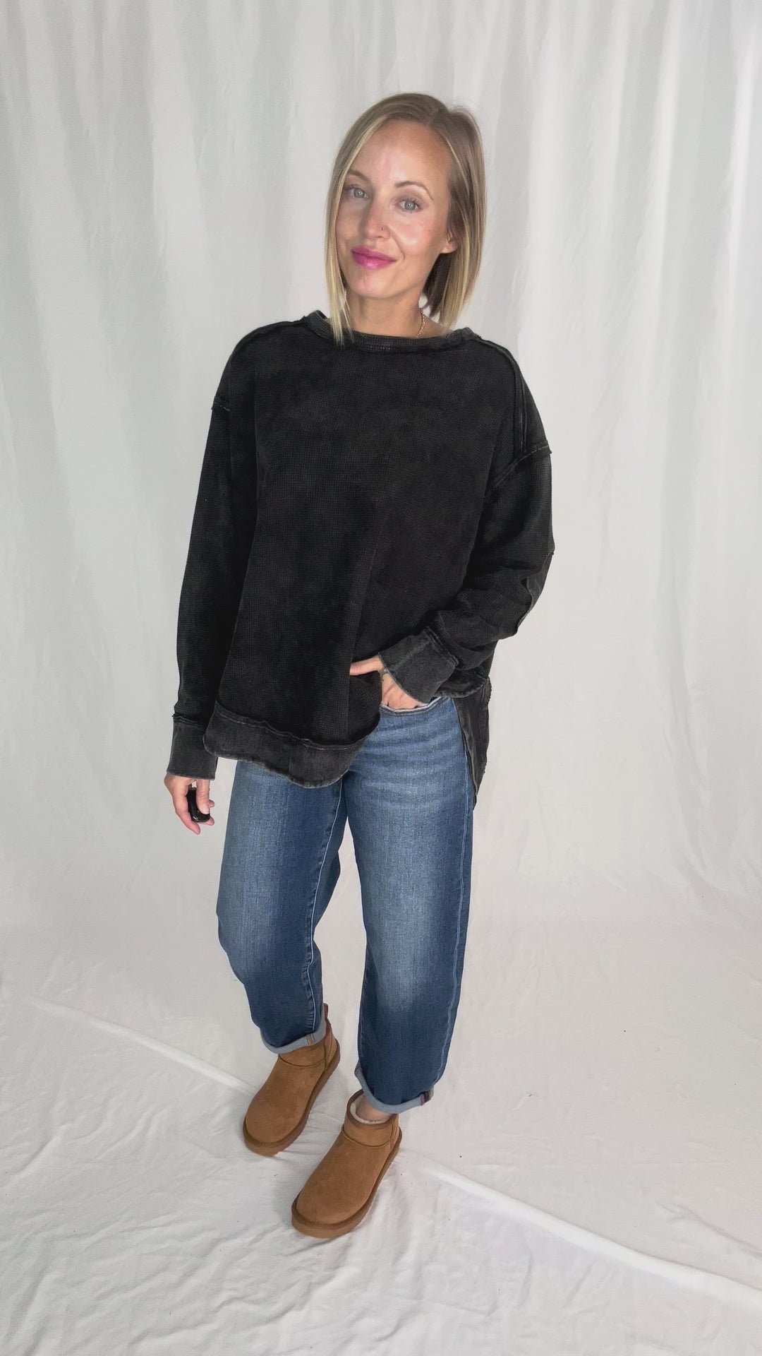 Jenna Long Sleeve Waffle Pullover- BLACK