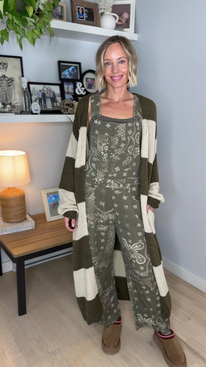 Emma Striped Long Knit Cardigan- OLIVE